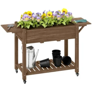 Gretech Premium Elevated Wooden Garden Planter with Side Shelves & Lockable Wheels